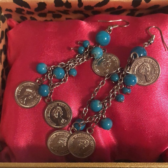 Pretty Faux Turquoise Coin Dangle Earrings - Picture 8 of 9